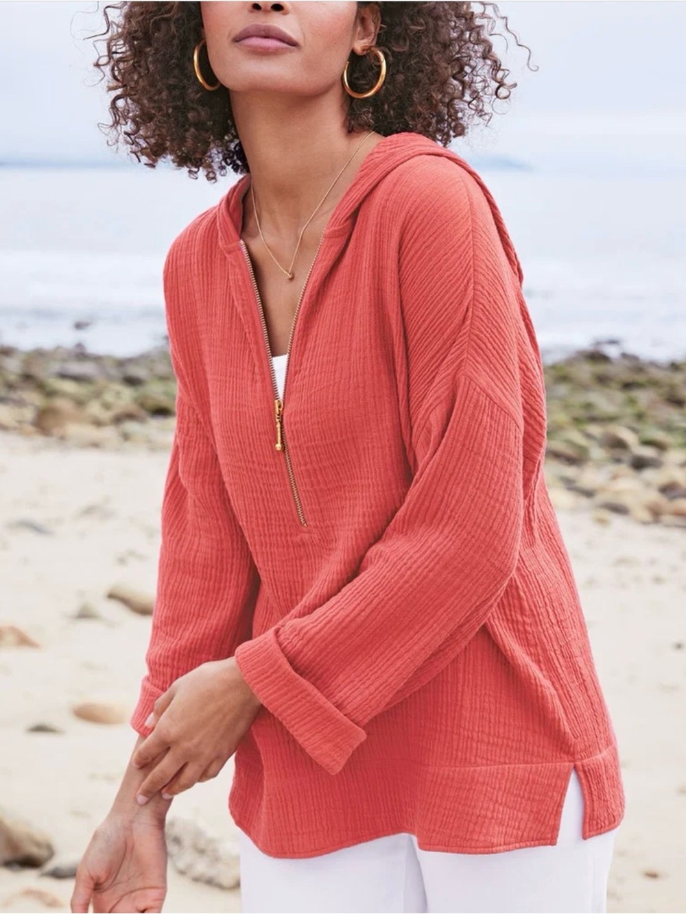Soft Surroundings Kemia Gauze Hoodie Dahlia Red